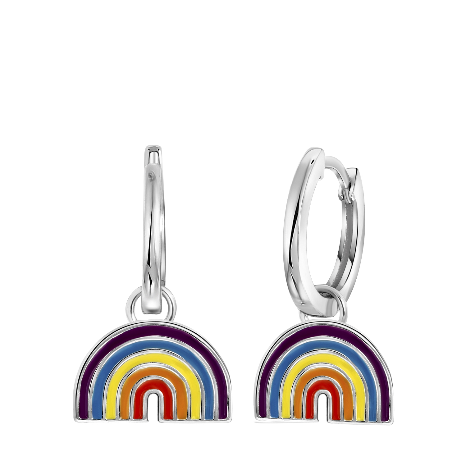 Zilveren oorbellen met K3 regenboog